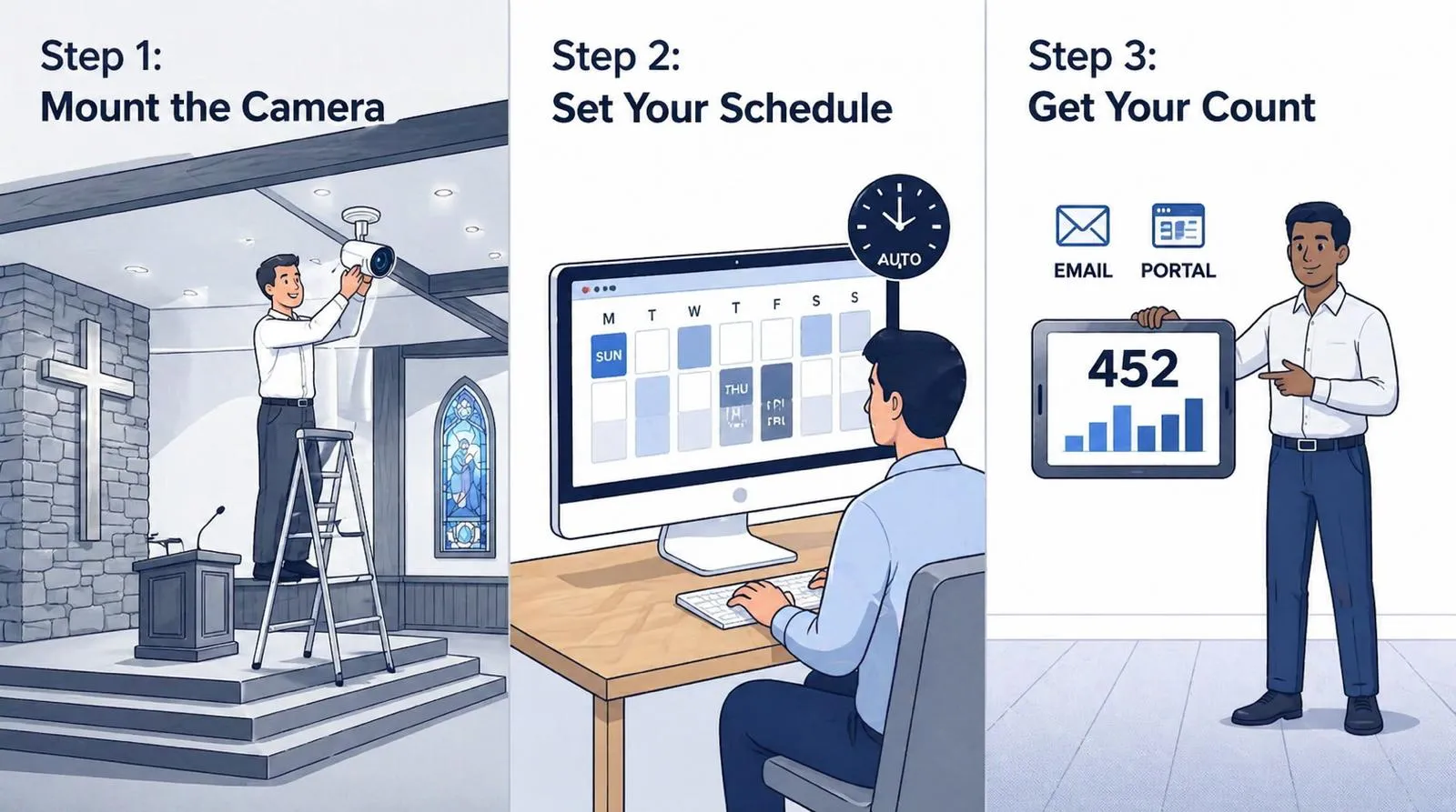 Three steps to automated church attendance: mount the camera, set your schedule, get your count
