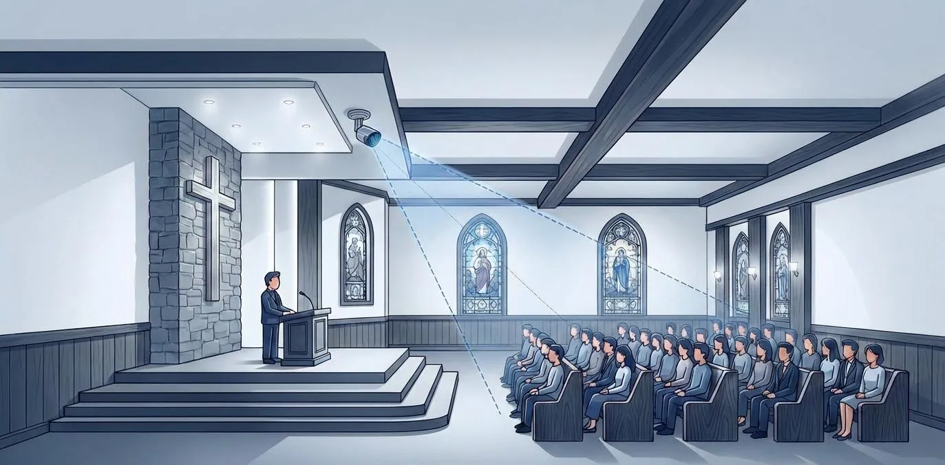 Camera positioning above stage with a clear view of the audience